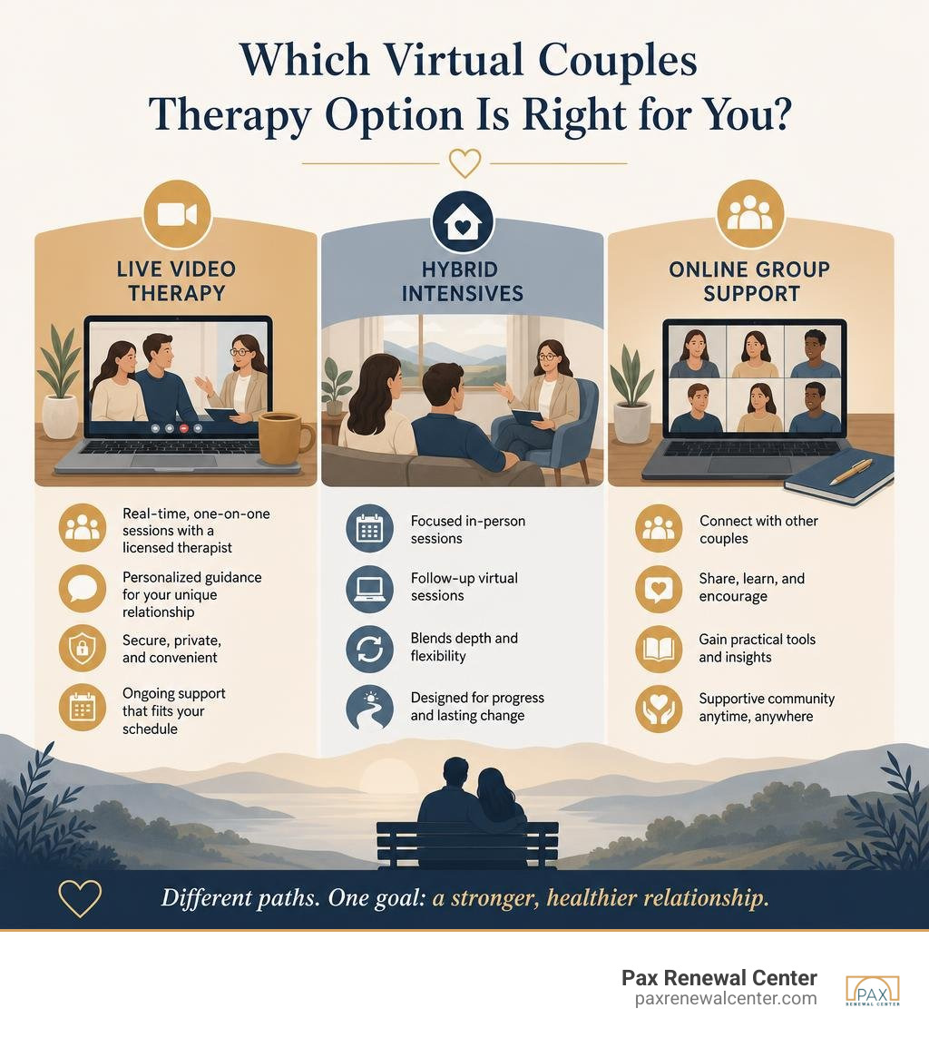 Infographic comparing live video therapy, hybrid intensives, and online group support infographic Infographic comparing live video therapy, hybrid intensives, and online group support infographic