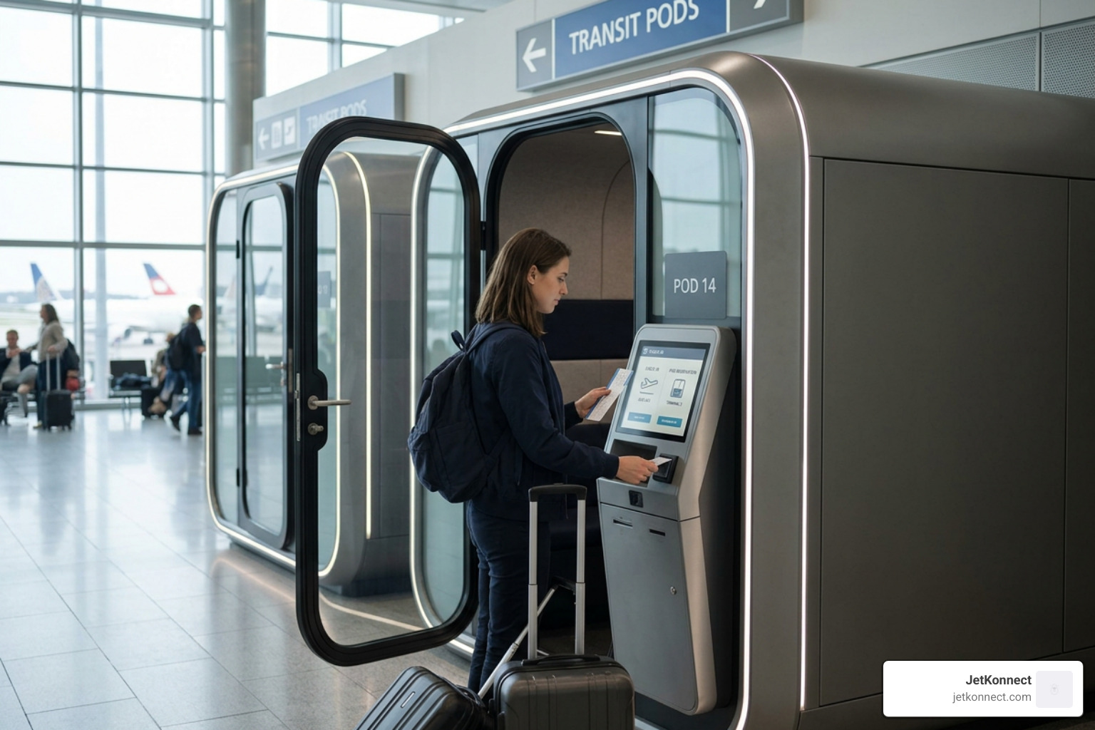 Passenger checking into an airport transit pod