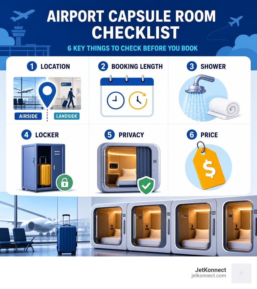 Airport capsule room checklist: location, booking length, shower, locker, privacy, and price infographic