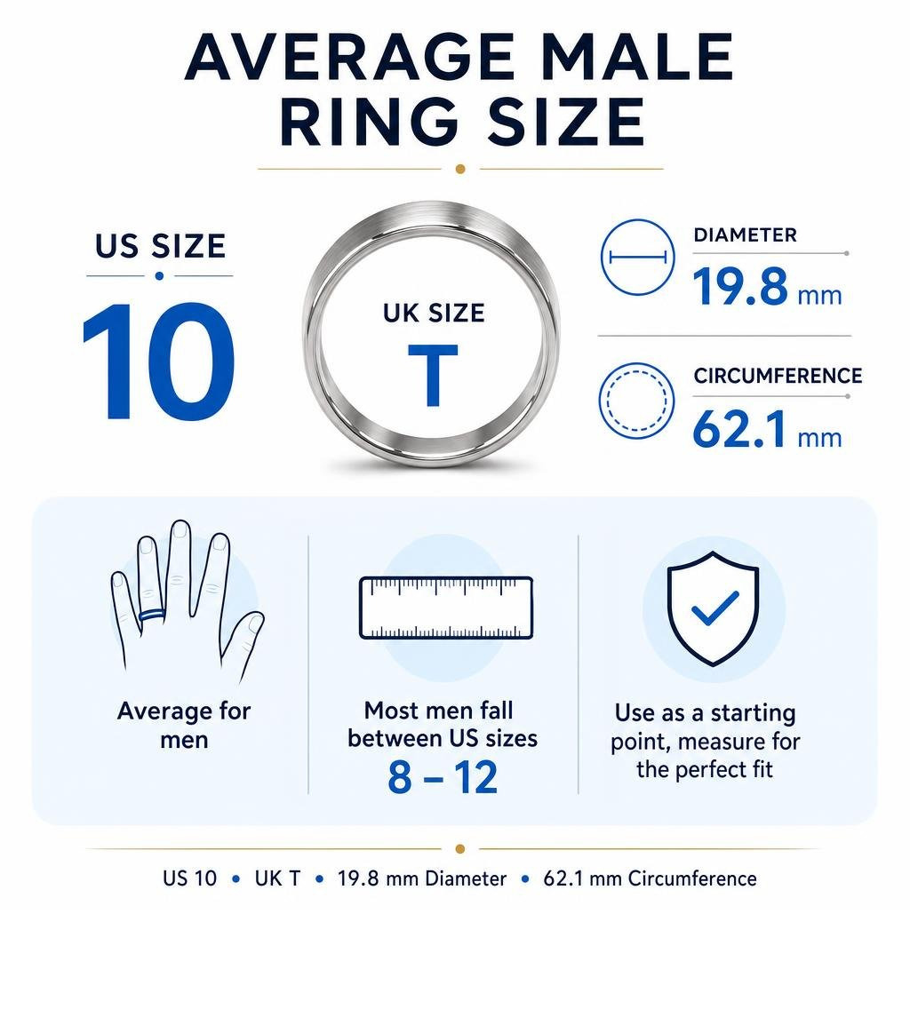 Average male ring size US 10 UK T 19.8 mm diameter 62.1 mm circumference infographic