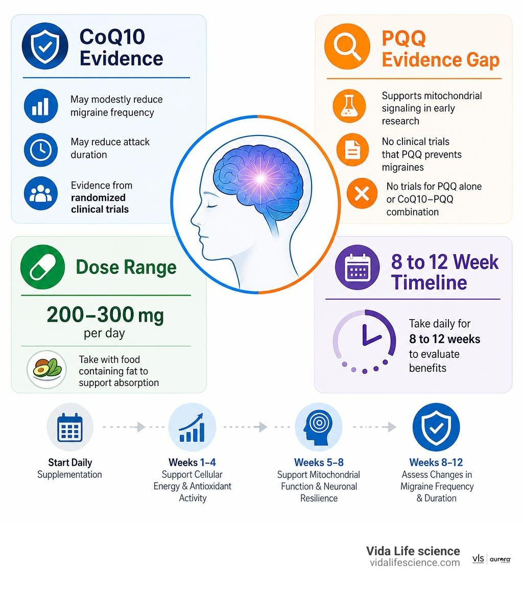 Infographic: CoQ10 evidence, PQQ evidence gap, dose range, and 8 to 12 week timeline infographic