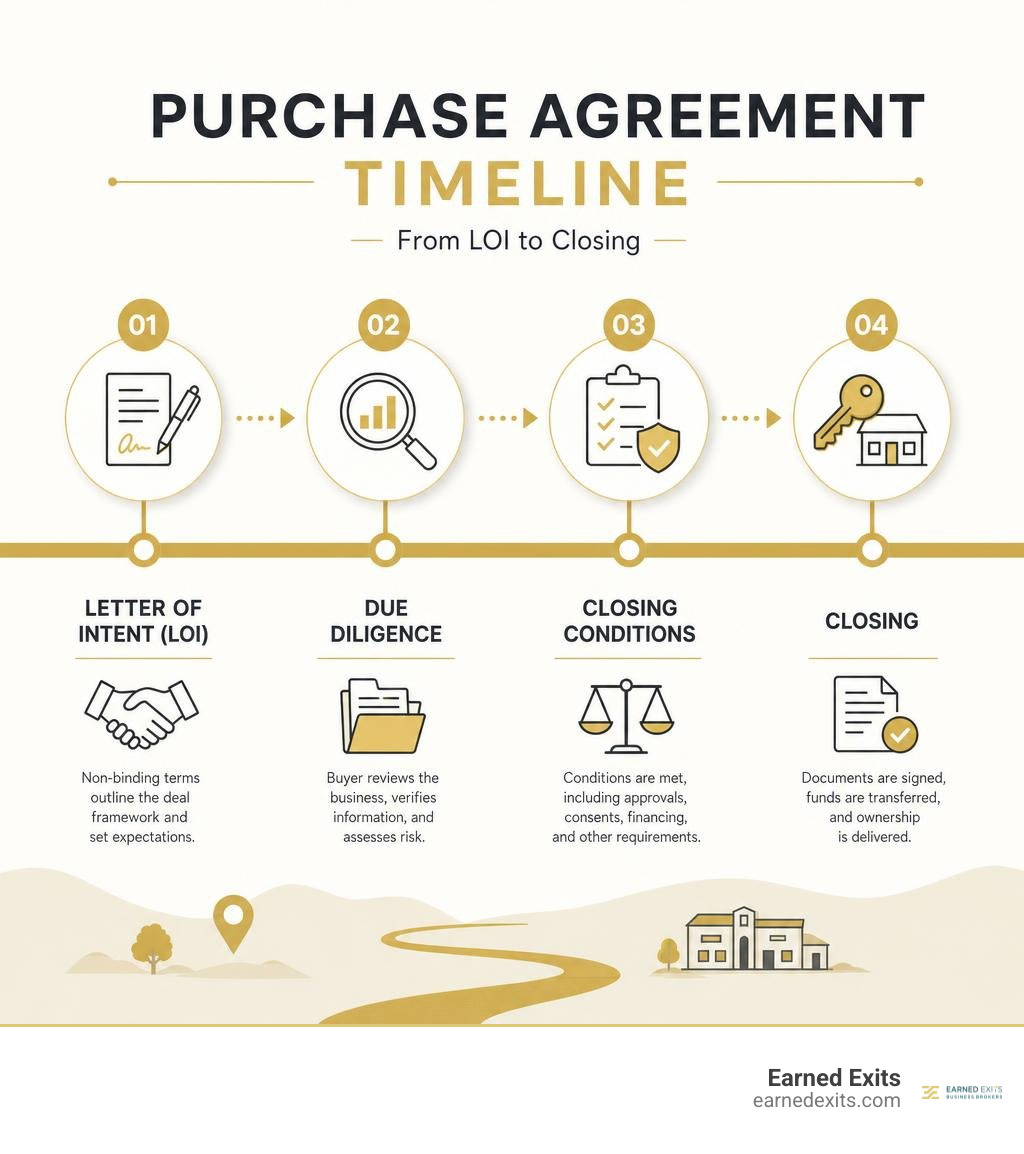 Purchase agreement timeline from LOI through due diligence, closing conditions, and closing infographic