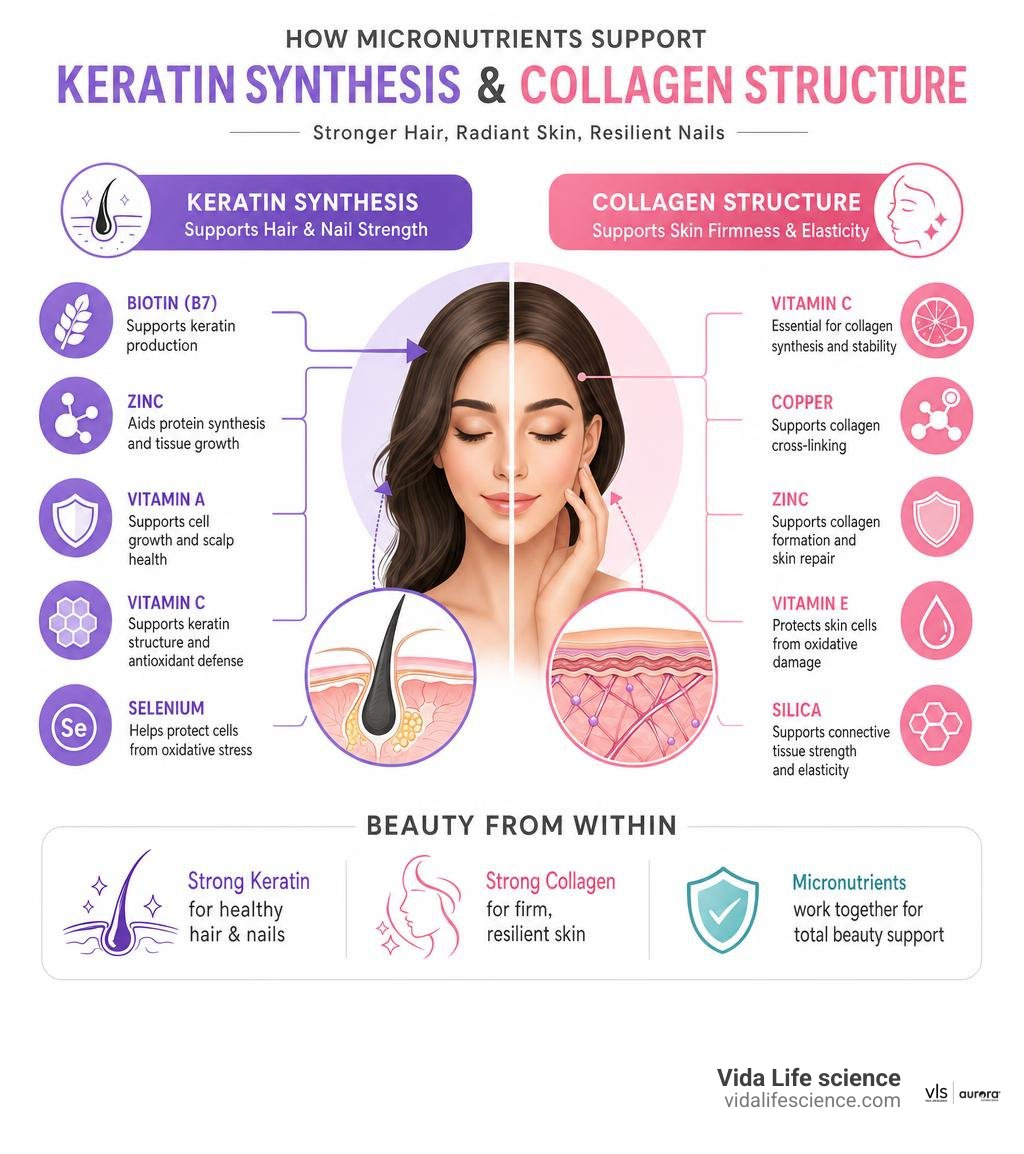 Infographic explaining how micronutrients support keratin synthesis and collagen structure infographic Infographic explaining how micronutrients support keratin synthesis and collagen structure infographic
