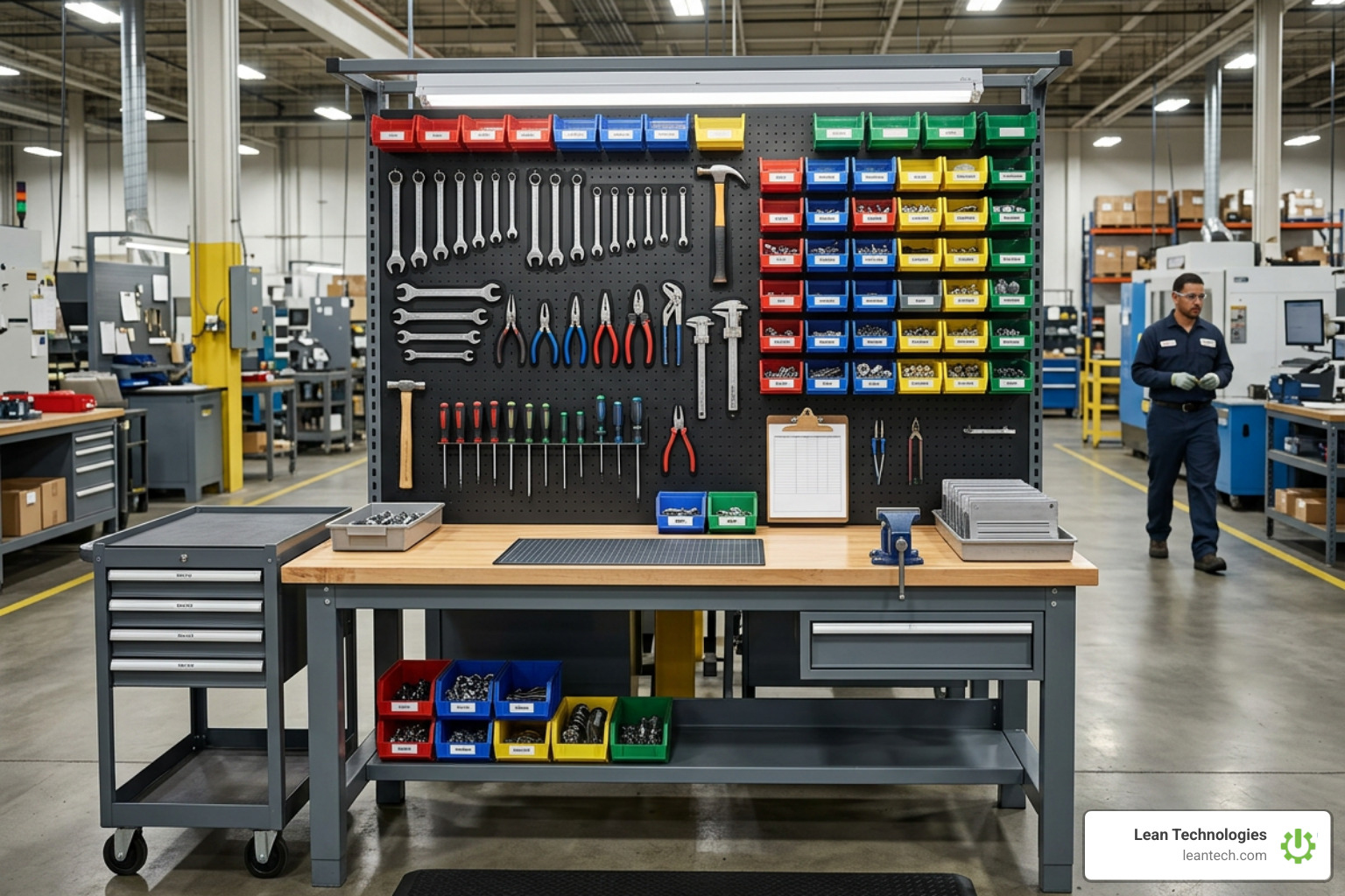 Organized 5S manufacturing workstation with visual controls and shadow boards