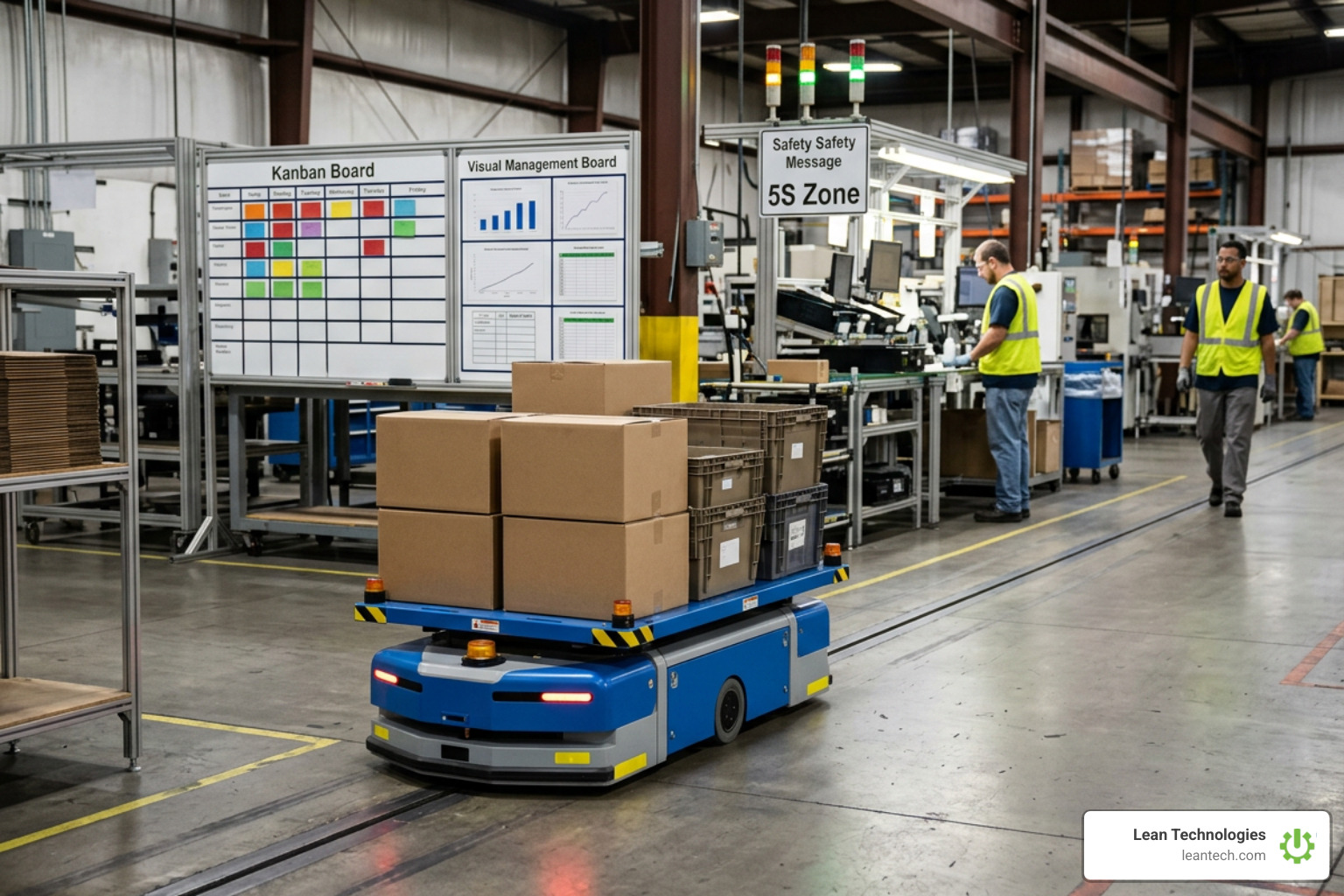 Automated Guided Vehicle transporting materials alongside visual lean production indicators Automated Guided Vehicle transporting materials alongside visual lean production indicators