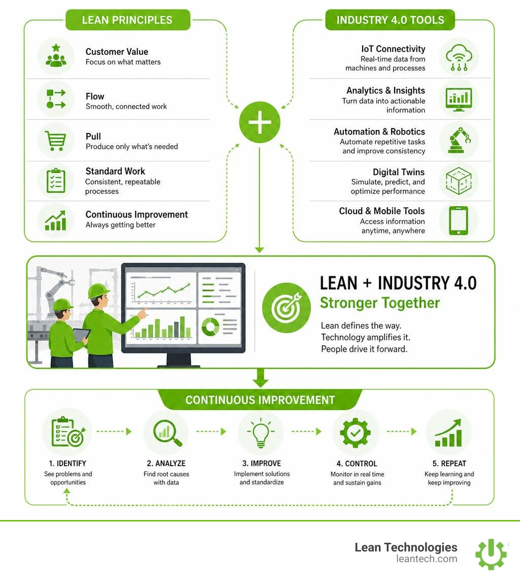 Infographic showing lean principles combined with Industry 4.0 tools for continuous improvement infographic Infographic showing lean principles combined with Industry 4.0 tools for continuous improvement infographic
