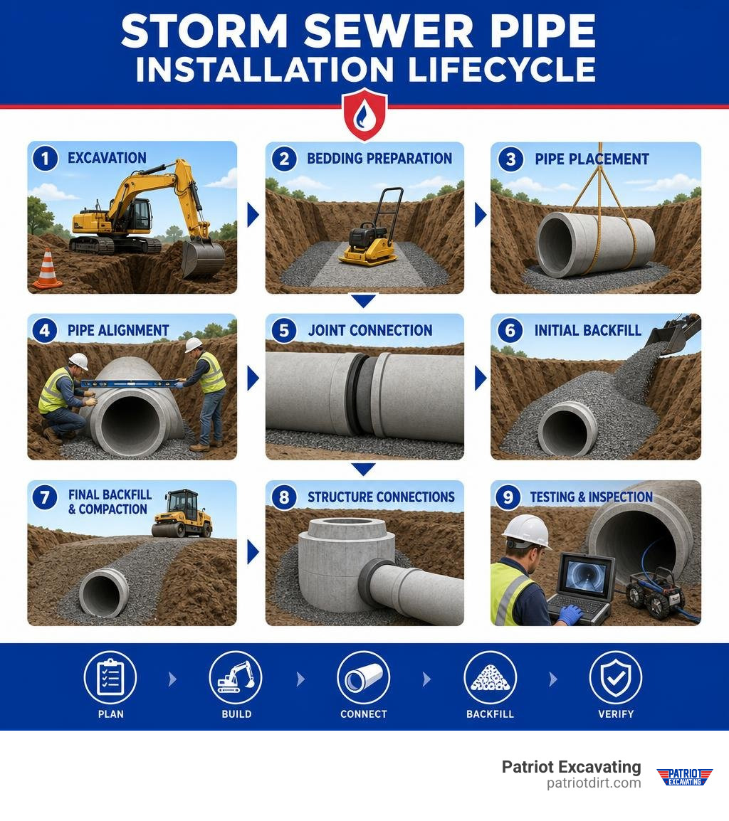 Complete multi-stage storm sewer pipe installation lifecycle from excavation to testing infographic Complete multi-stage storm sewer pipe installation lifecycle from excavation to testing infographic