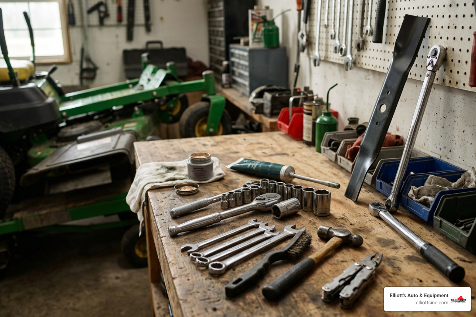 zero-turn blade maintenance tools arranged on a workbench