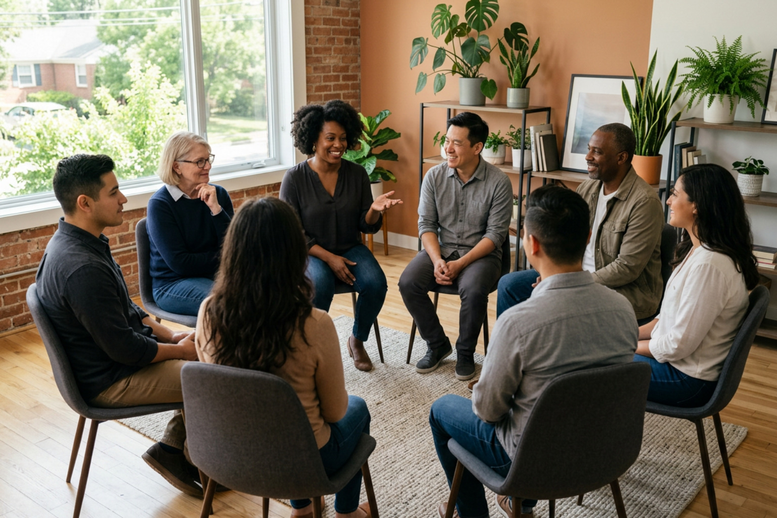 Diverse neighbors sitting in a circle of chairs in a bright community room discussing housing stability