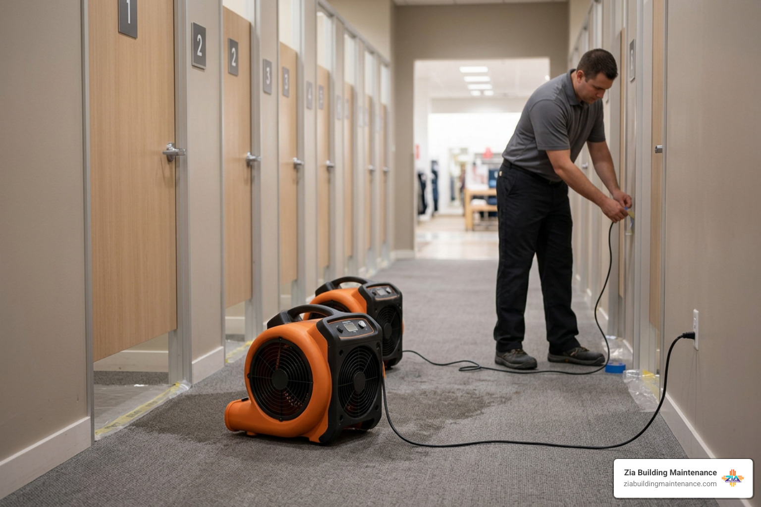 commercial air movers drying carpets in retail fitting room concourse commercial air movers drying carpets in retail fitting room concourse
