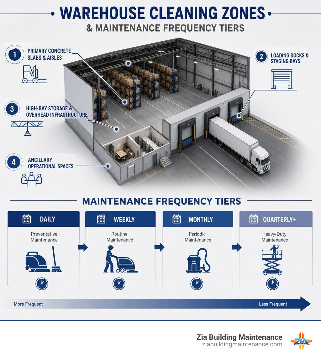 warehouse cleaning zones and maintenance frequency tiers infographic warehouse cleaning zones and maintenance frequency tiers infographic