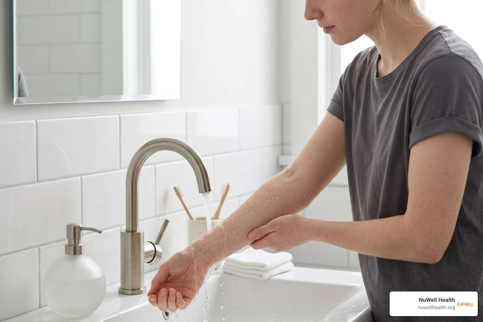 Rinsing affected skin with lukewarm water to remove allergens