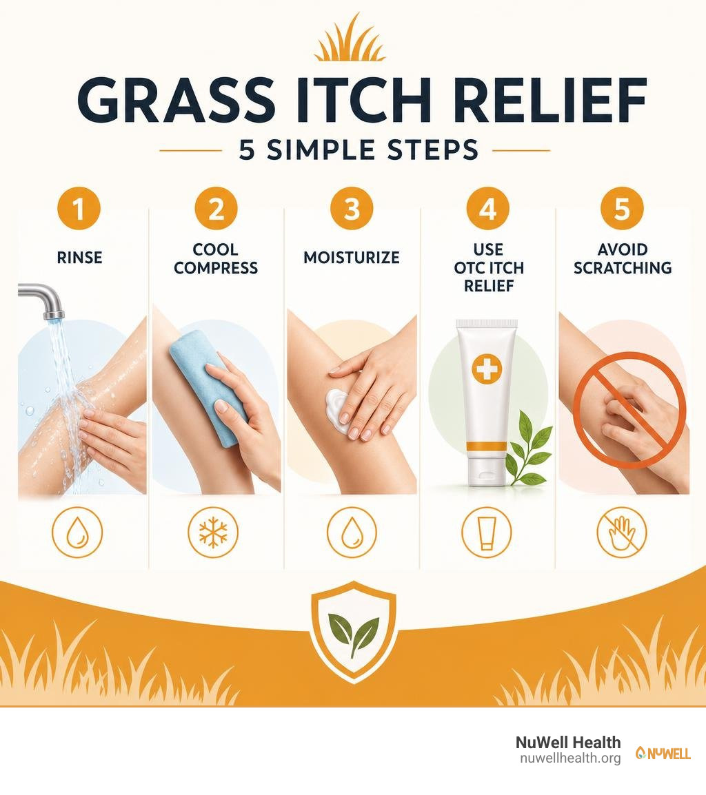 Grass itch relief steps: rinse, cool compress, moisturize, use OTC itch relief, avoid scratching infographic