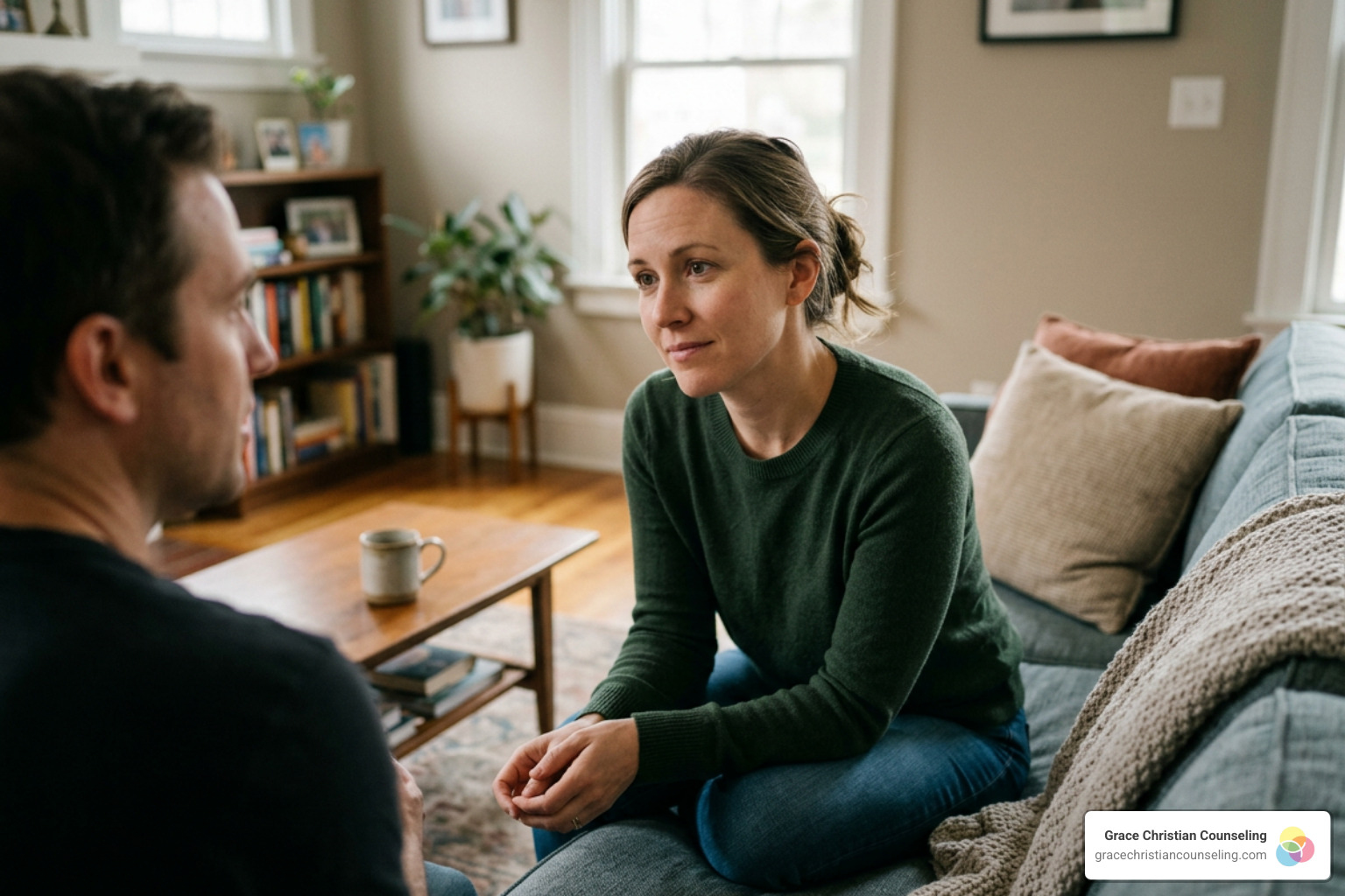 A spouse practicing active listening with empathy A spouse practicing active listening with empathy