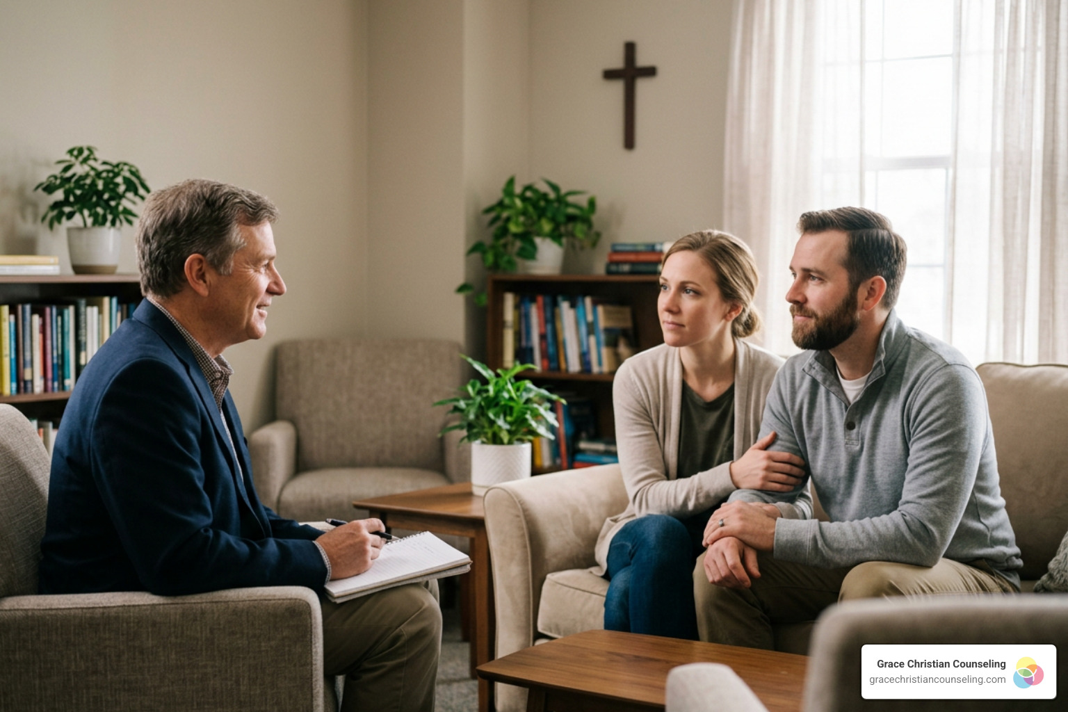 A Christian couple working with a licensed counselor A Christian couple working with a licensed counselor