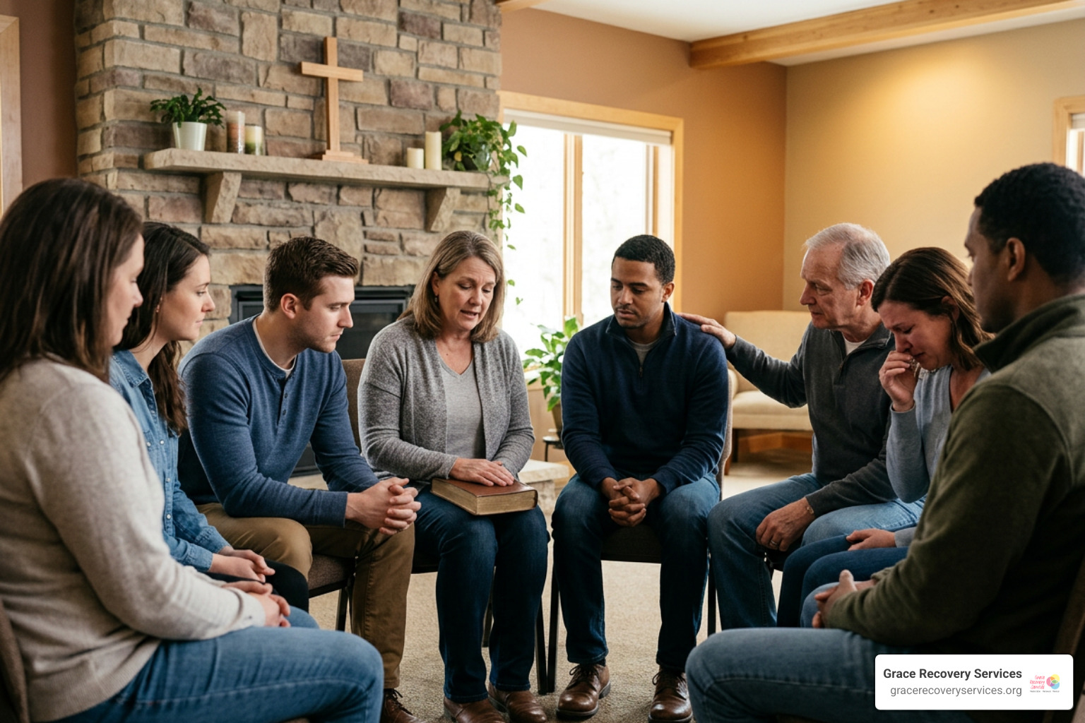 Small group participating in faith-based outpatient counseling Small group participating in faith-based outpatient counseling