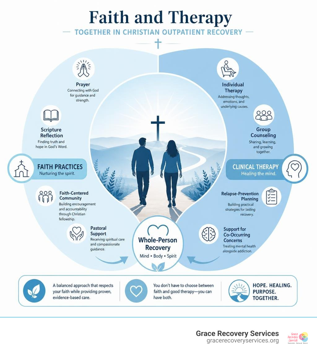Infographic showing faith practices and clinical therapy in Christian outpatient recovery infographic Infographic showing faith practices and clinical therapy in Christian outpatient recovery infographic