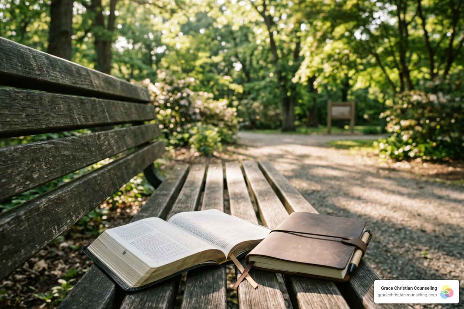 Open Bible and journal in a peaceful outdoor setting Open Bible and journal in a peaceful outdoor setting