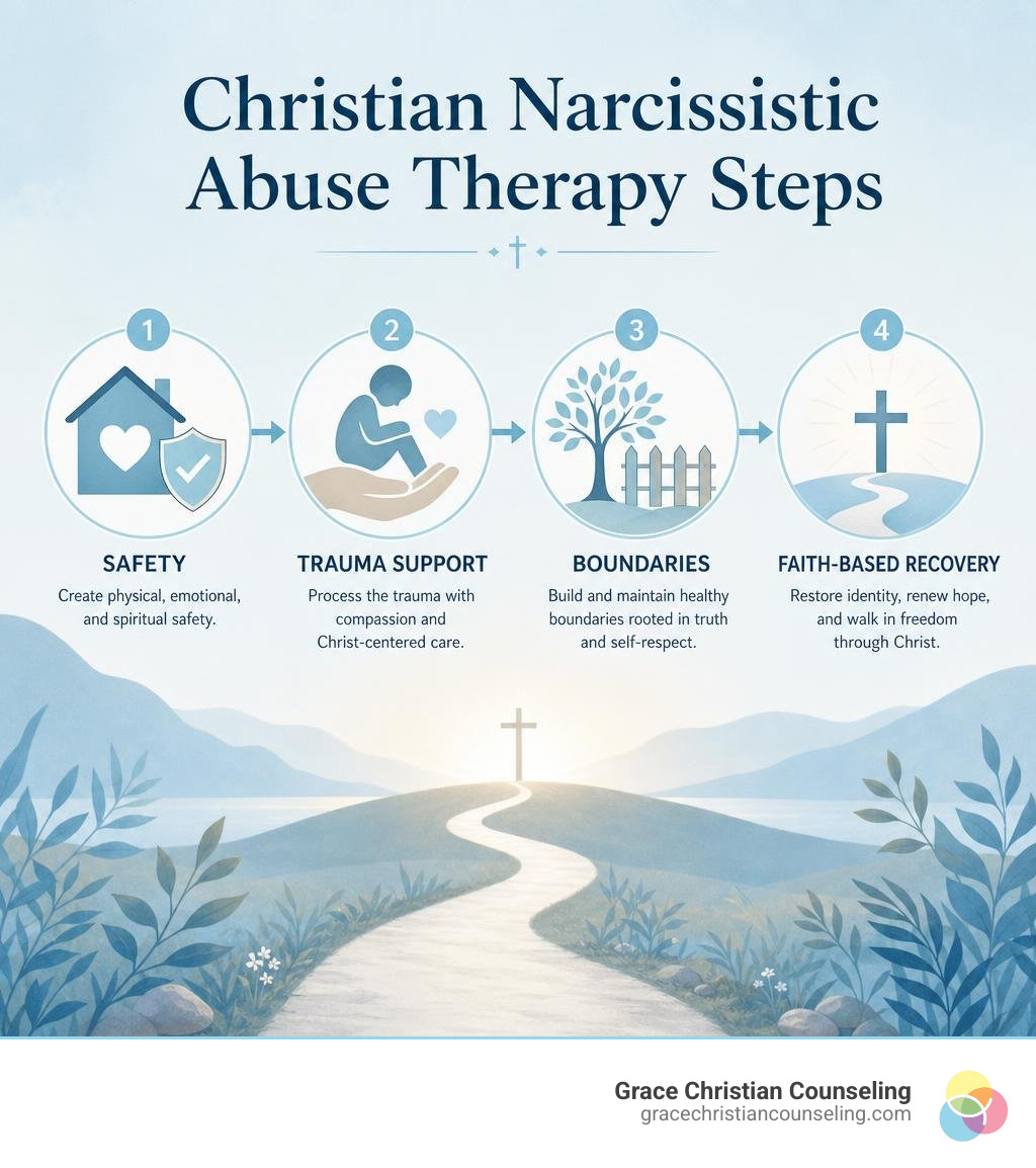 Christian narcissistic abuse therapy steps: safety, trauma support, boundaries, faith-based recovery infographic Christian narcissistic abuse therapy steps: safety, trauma support, boundaries, faith-based recovery infographic