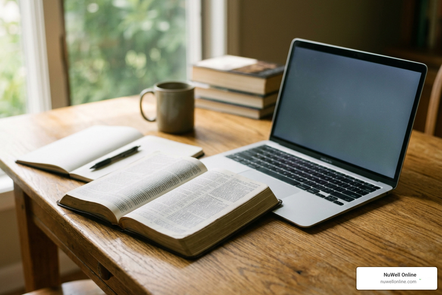 Open Bible beside a laptop during an online Christian counseling session