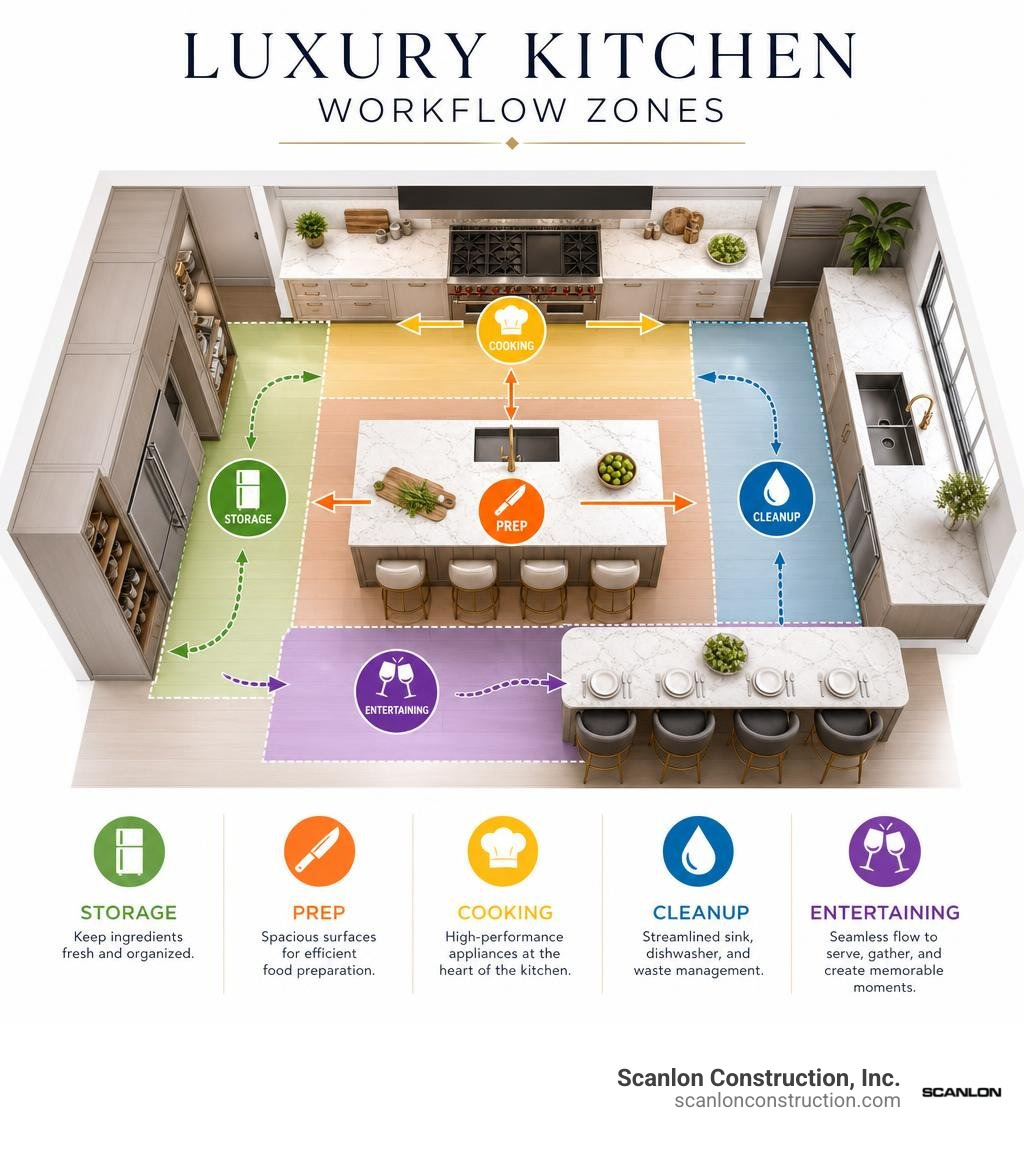 Luxury kitchen workflow zones for storage prep cooking cleanup and entertaining infographic Luxury kitchen workflow zones for storage prep cooking cleanup and entertaining infographic