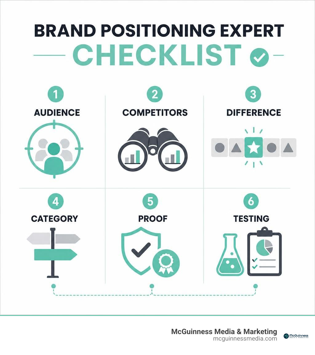 Brand positioning expert checklist: audience, competitors, difference, category, proof, testing infographic