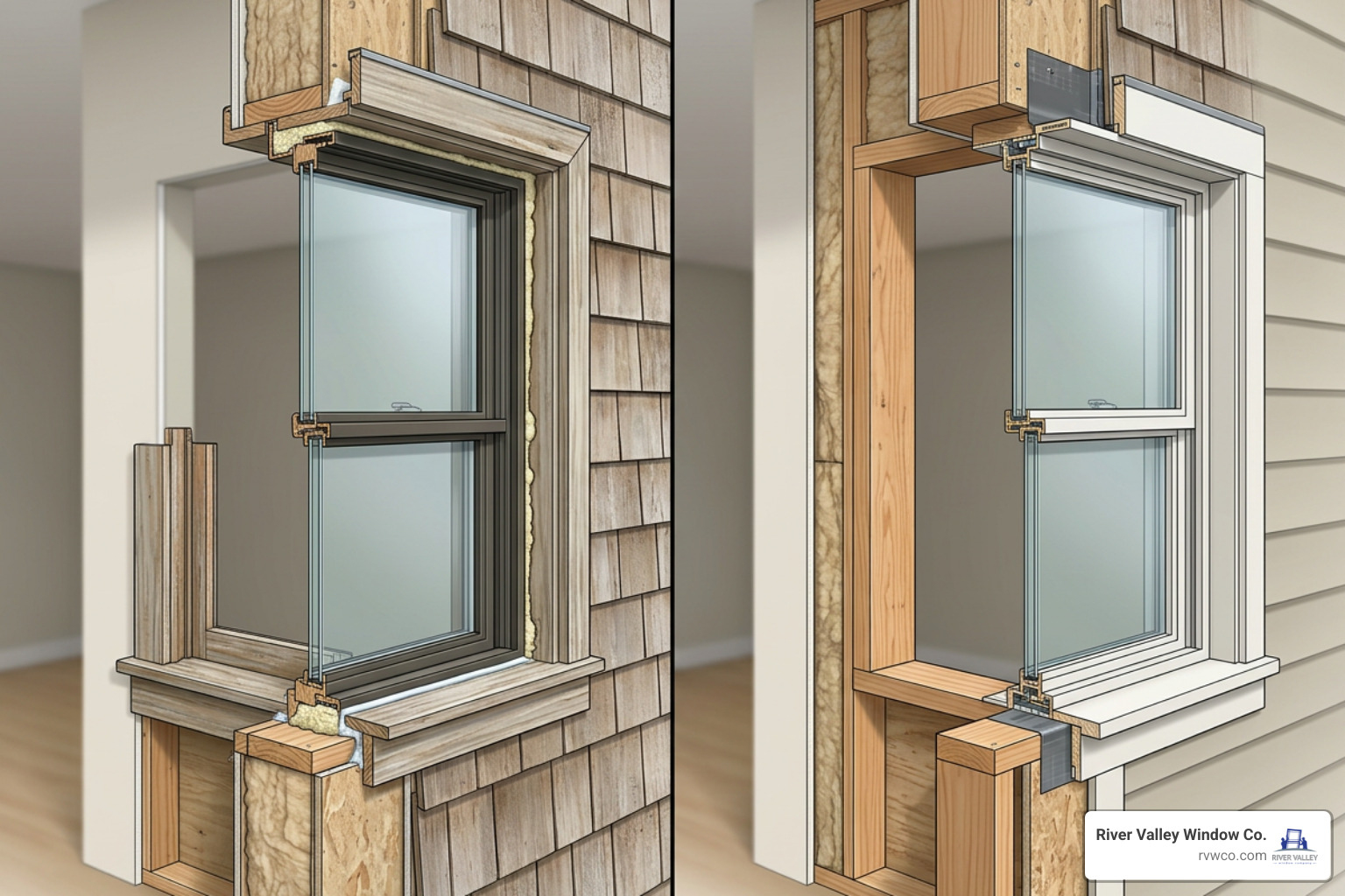 cross-section comparison between insert pocket window and full-frame rough opening cross-section comparison between insert pocket window and full-frame rough opening