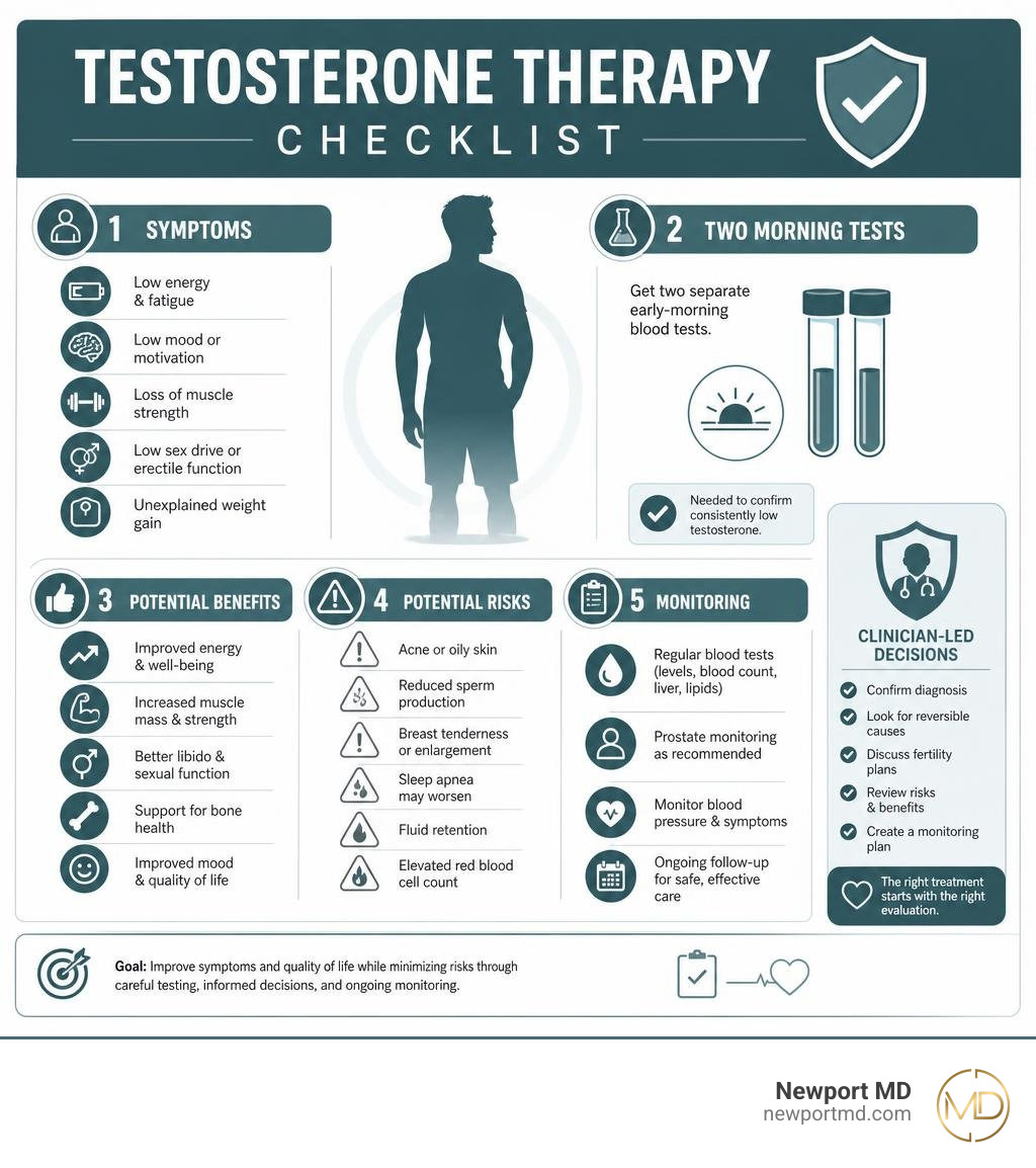 Testosterone therapy checklist: symptoms, two morning tests, benefits, risks, and monitoring infographic