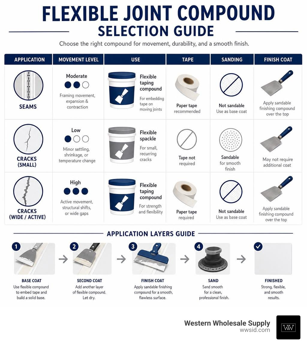 Flexible joint compound selection guide for seams, cracks, tape, sanding, and finish coats infographic Flexible joint compound selection guide for seams, cracks, tape, sanding, and finish coats infographic