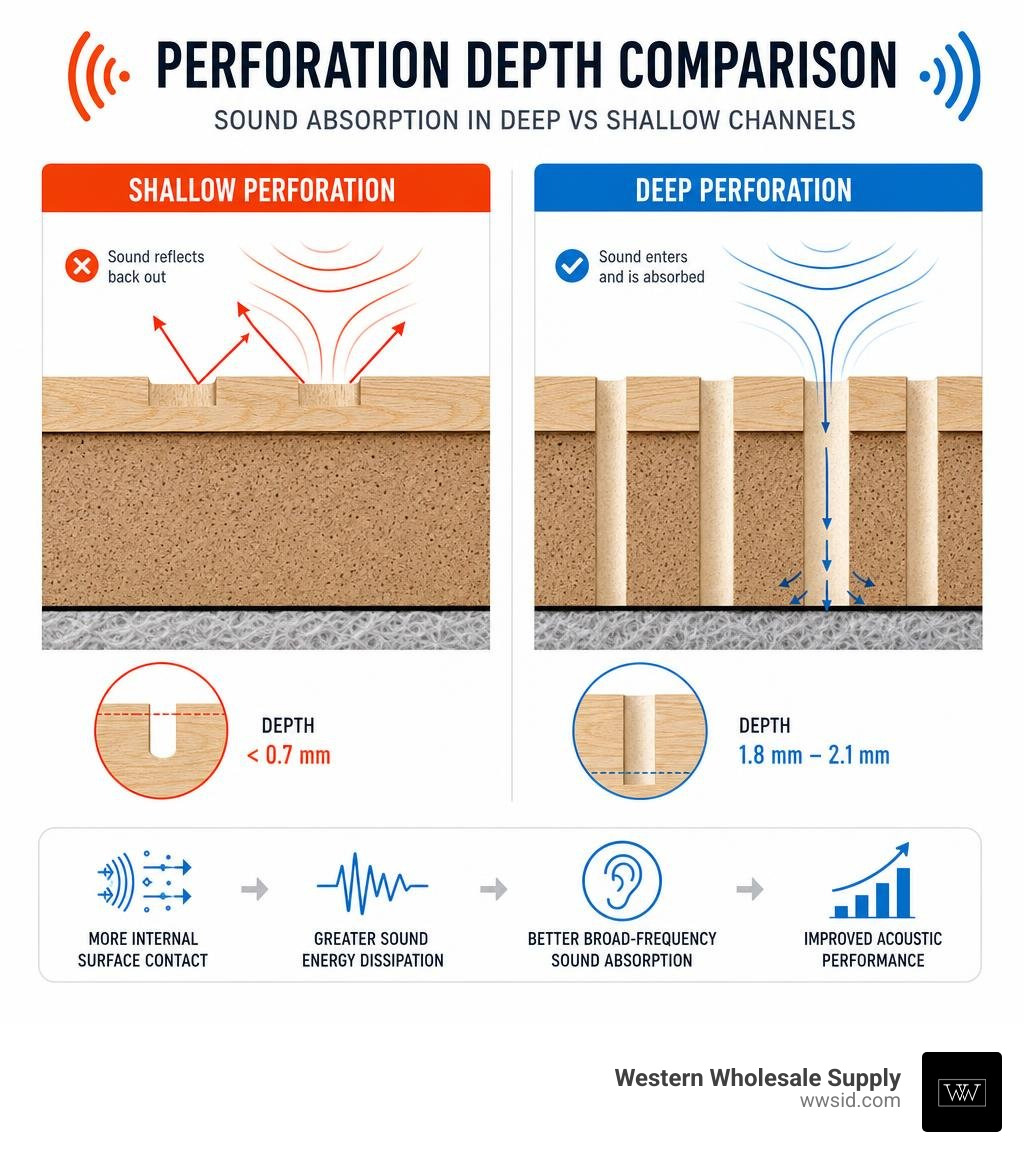 Perforation depth comparison showing sound absorption in deep vs shallow channels infographic Perforation depth comparison showing sound absorption in deep vs shallow channels infographic