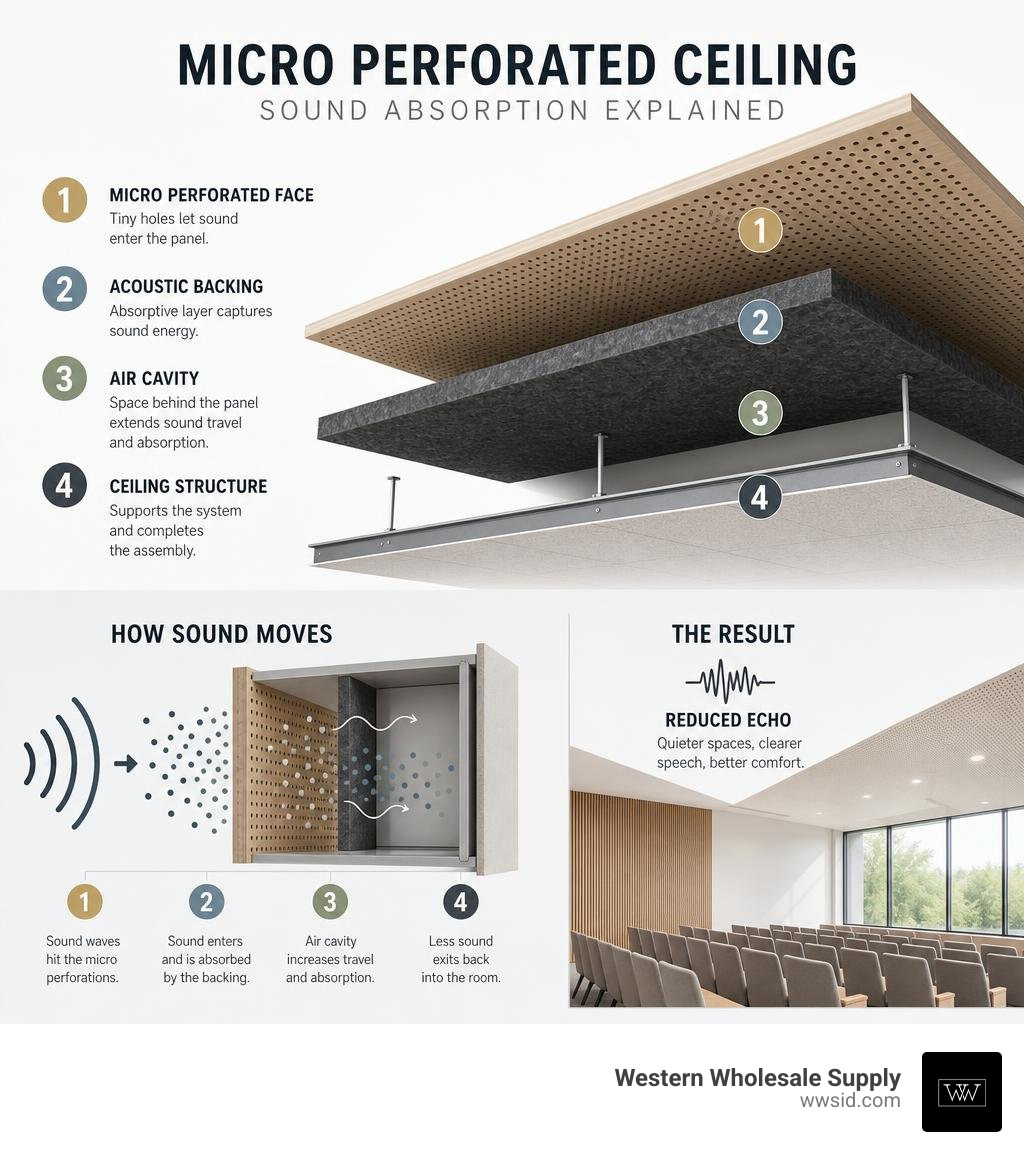 Micro perforated ceiling sound absorption: holes, backing, cavity, and reduced echo infographic Micro perforated ceiling sound absorption: holes, backing, cavity, and reduced echo infographic