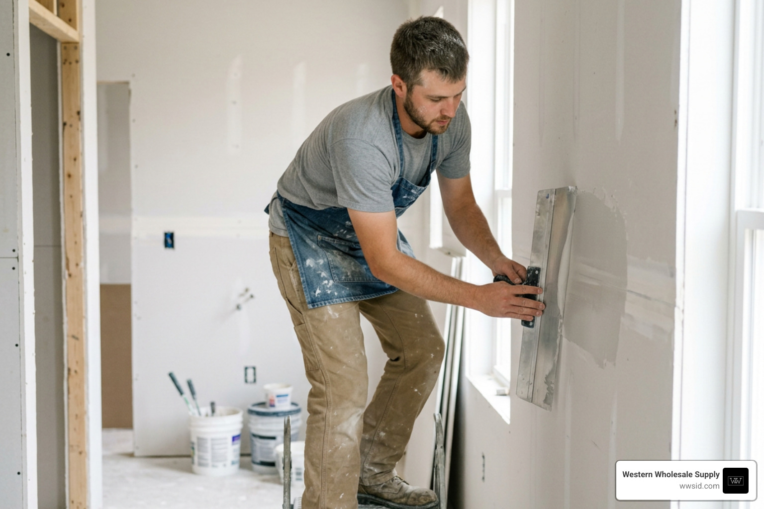 A 24-inch smoothing blade wiping down a freshly taped drywall joint A 24-inch smoothing blade wiping down a freshly taped drywall joint