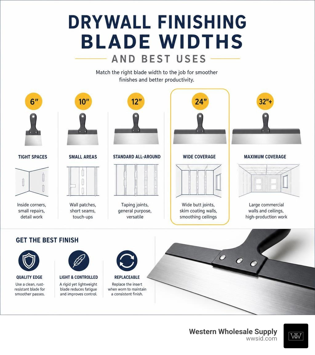 Drywall finishing blade widths and best uses infographic Drywall finishing blade widths and best uses infographic