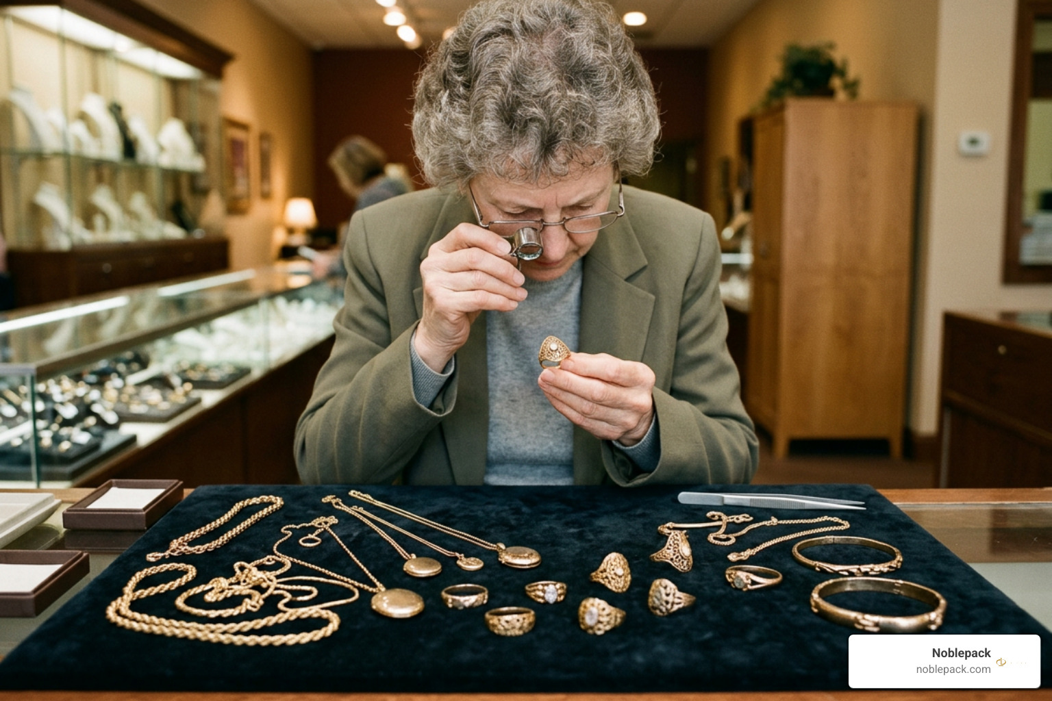 estate buyer evaluating mixed estate jewelry