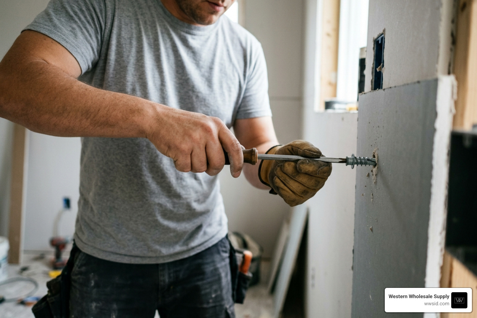 Installer driving a self-drilling anchor using a manual screwdriver Installer driving a self-drilling anchor using a manual screwdriver