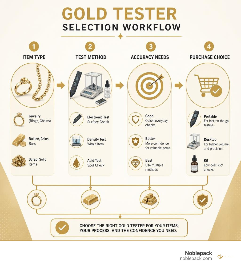 Gold tester selection workflow: item type, test method, accuracy needs, and purchase choice infographic