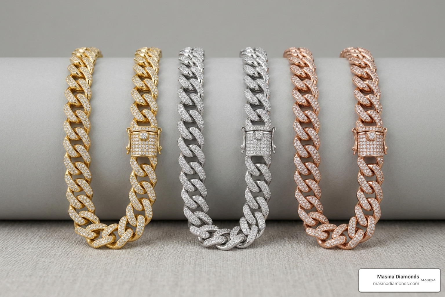 yellow gold, white gold, and rose gold diamond Cuban necklaces