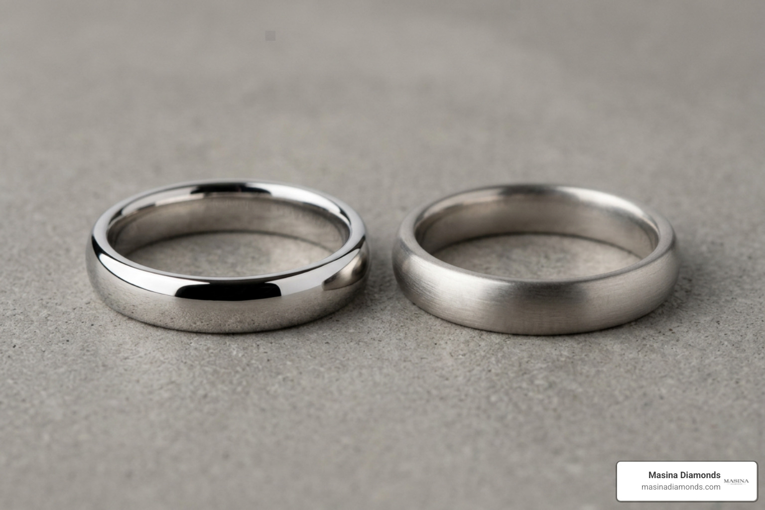 Side by side comparison of white gold and platinum bands