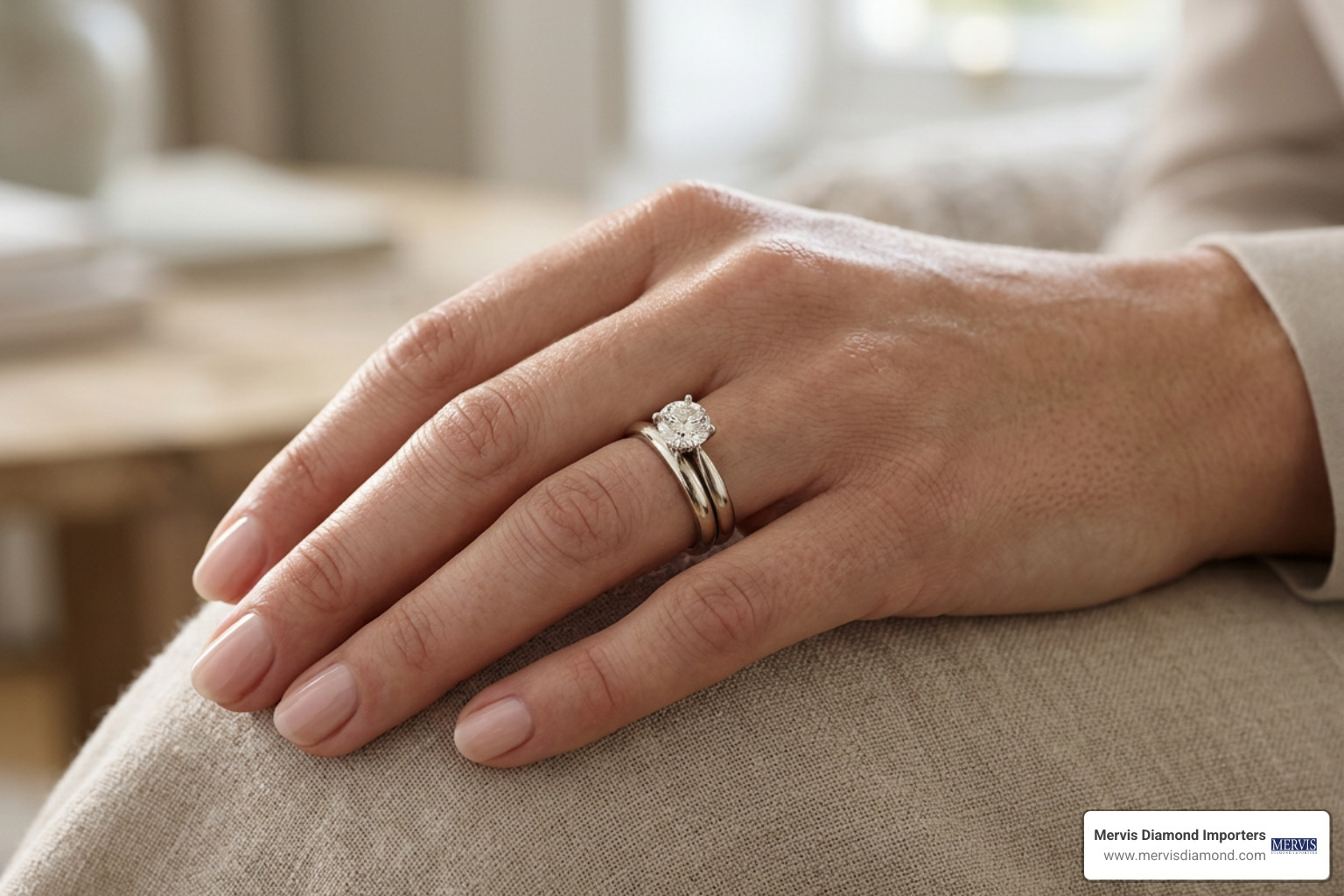 Classic bridal rings stacked on the left ring finger Classic bridal rings stacked on the left ring finger
