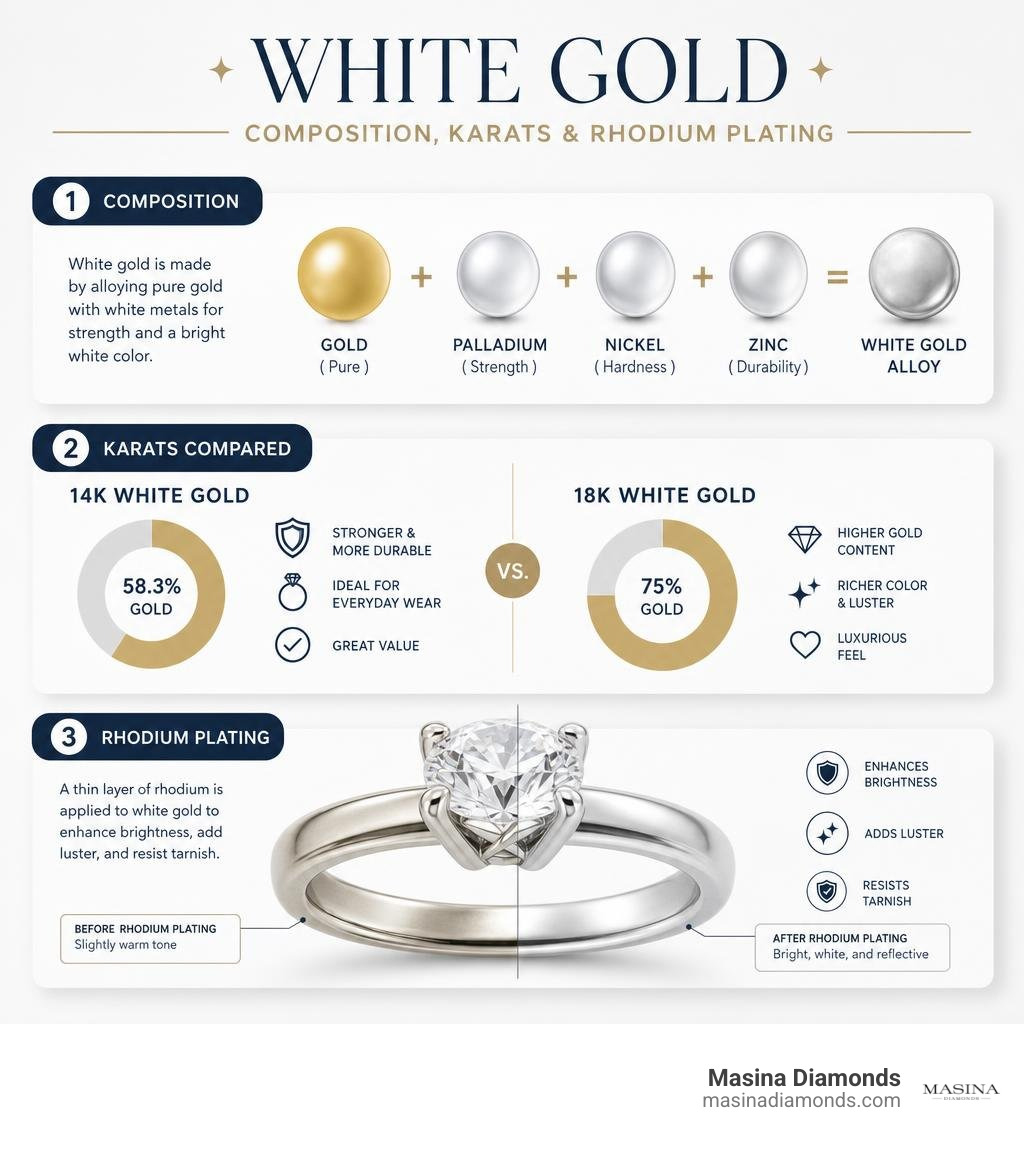 White gold composition, 14K versus 18K, and rhodium plating overview infographic