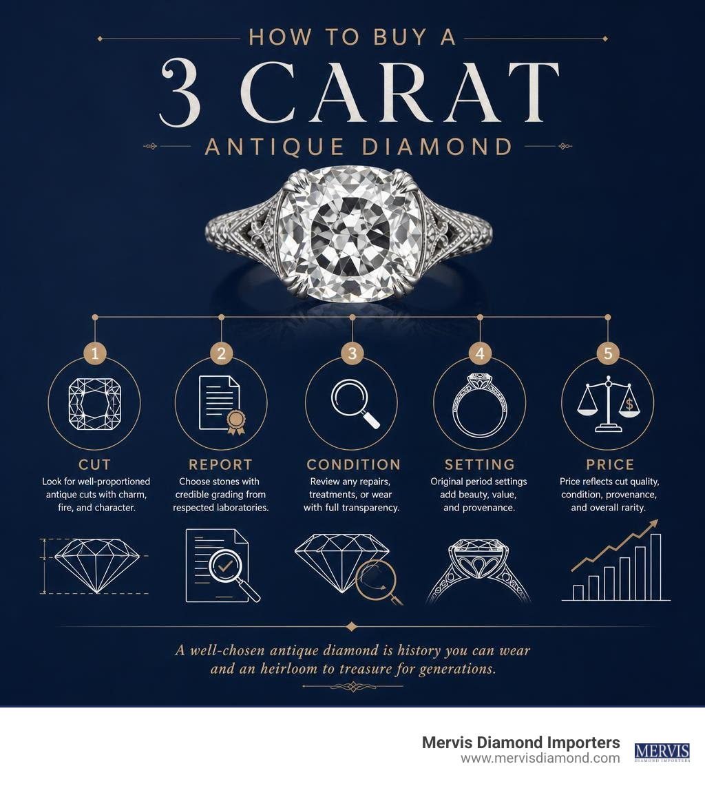 How to buy a 3 carat antique diamond: cut, report, condition, setting, and price infographic How to buy a 3 carat antique diamond: cut, report, condition, setting, and price infographic