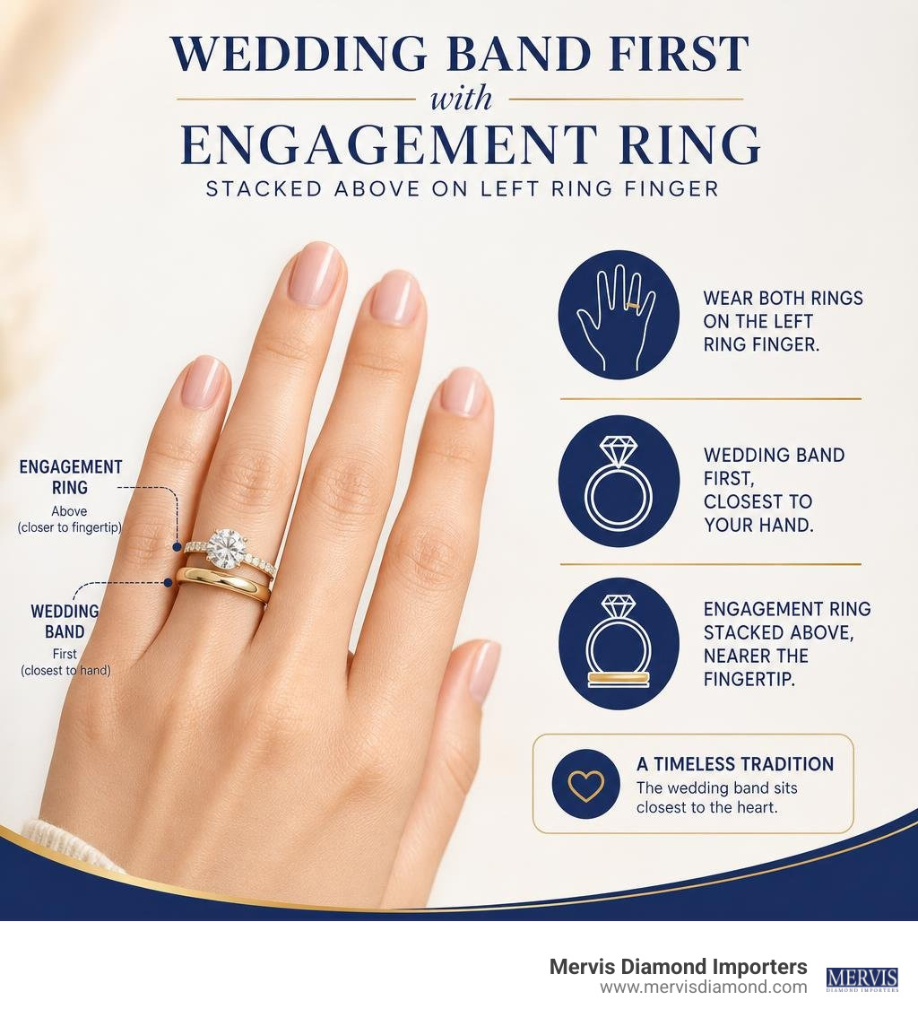 Wedding band first with engagement ring stacked above on left ring finger infographic Wedding band first with engagement ring stacked above on left ring finger infographic