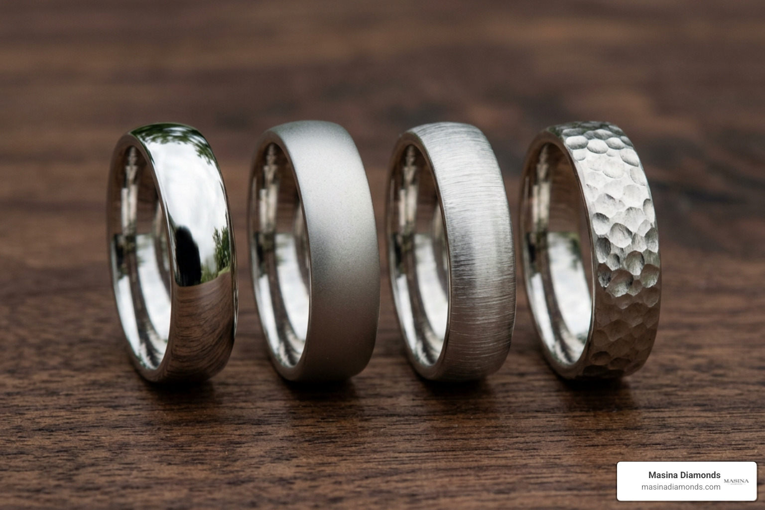 Men's wedding rings showcasing matte, brushed, polished, and hammered textures Men's wedding rings showcasing matte, brushed, polished, and hammered textures