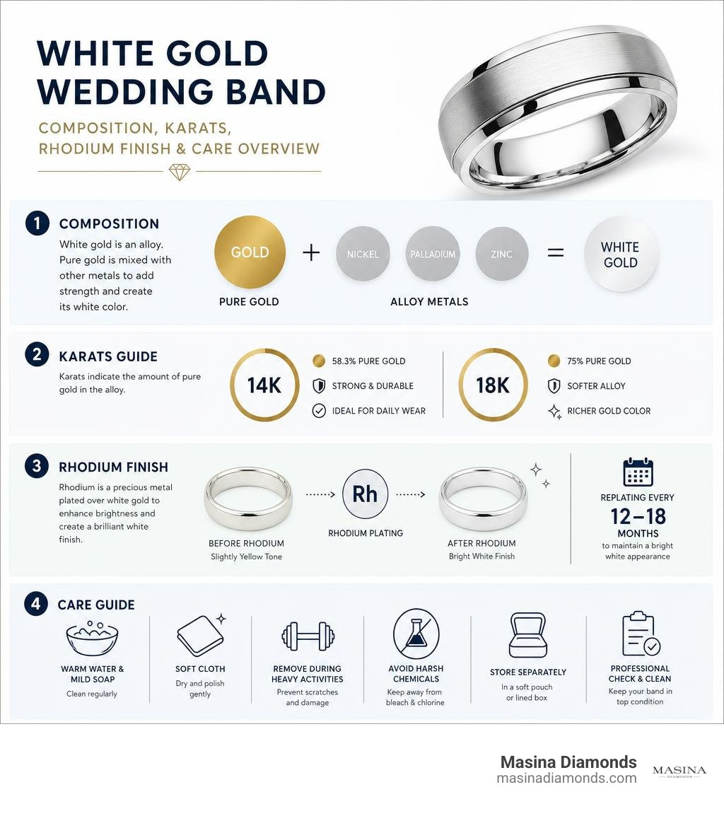 White gold wedding band composition, karats, rhodium finish, and care overview infographic White gold wedding band composition, karats, rhodium finish, and care overview infographic