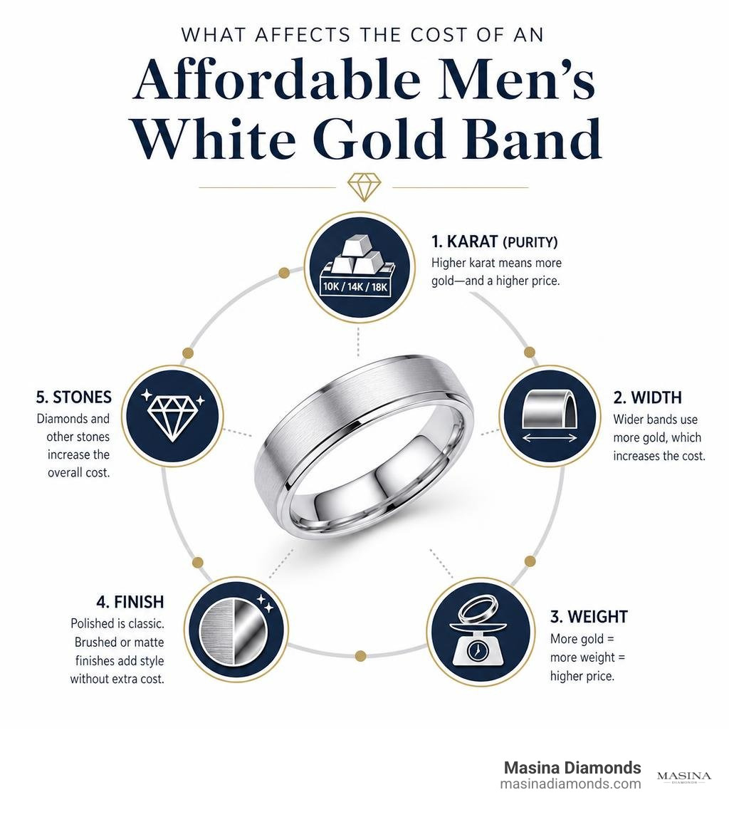 Infographic of affordable men's white gold band cost factors: karat, width, weight, finish, and stones infographic
