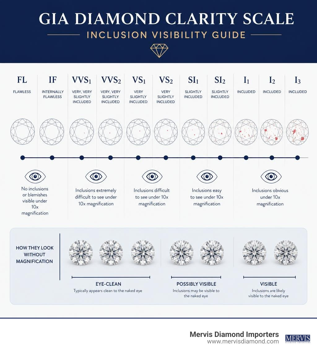 GIA diamond clarity scale from FL to I3 with inclusion visibility guide infographic GIA diamond clarity scale from FL to I3 with inclusion visibility guide infographic