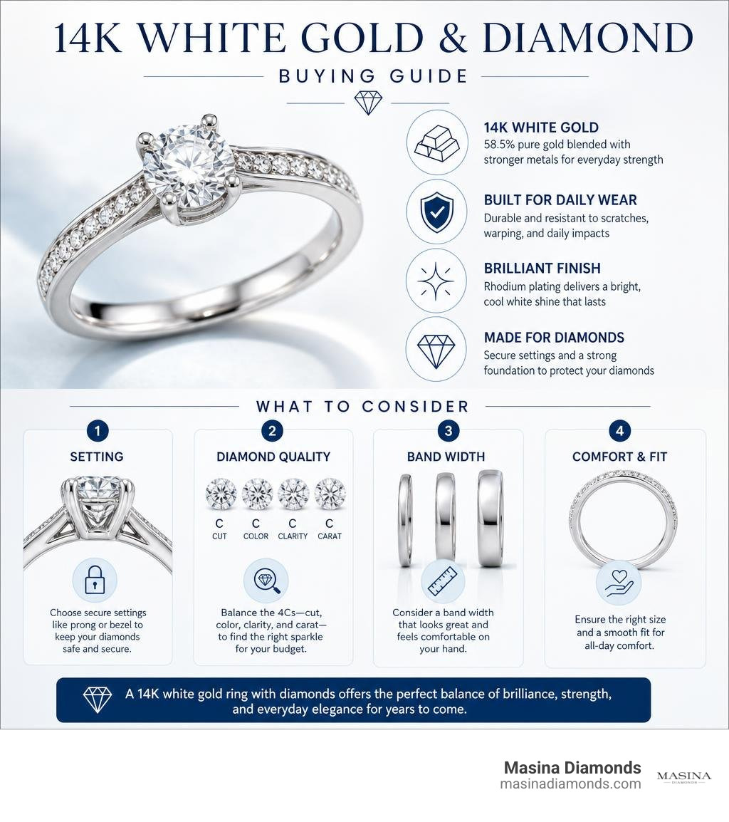 14k white gold and diamond ring buying guide infographic