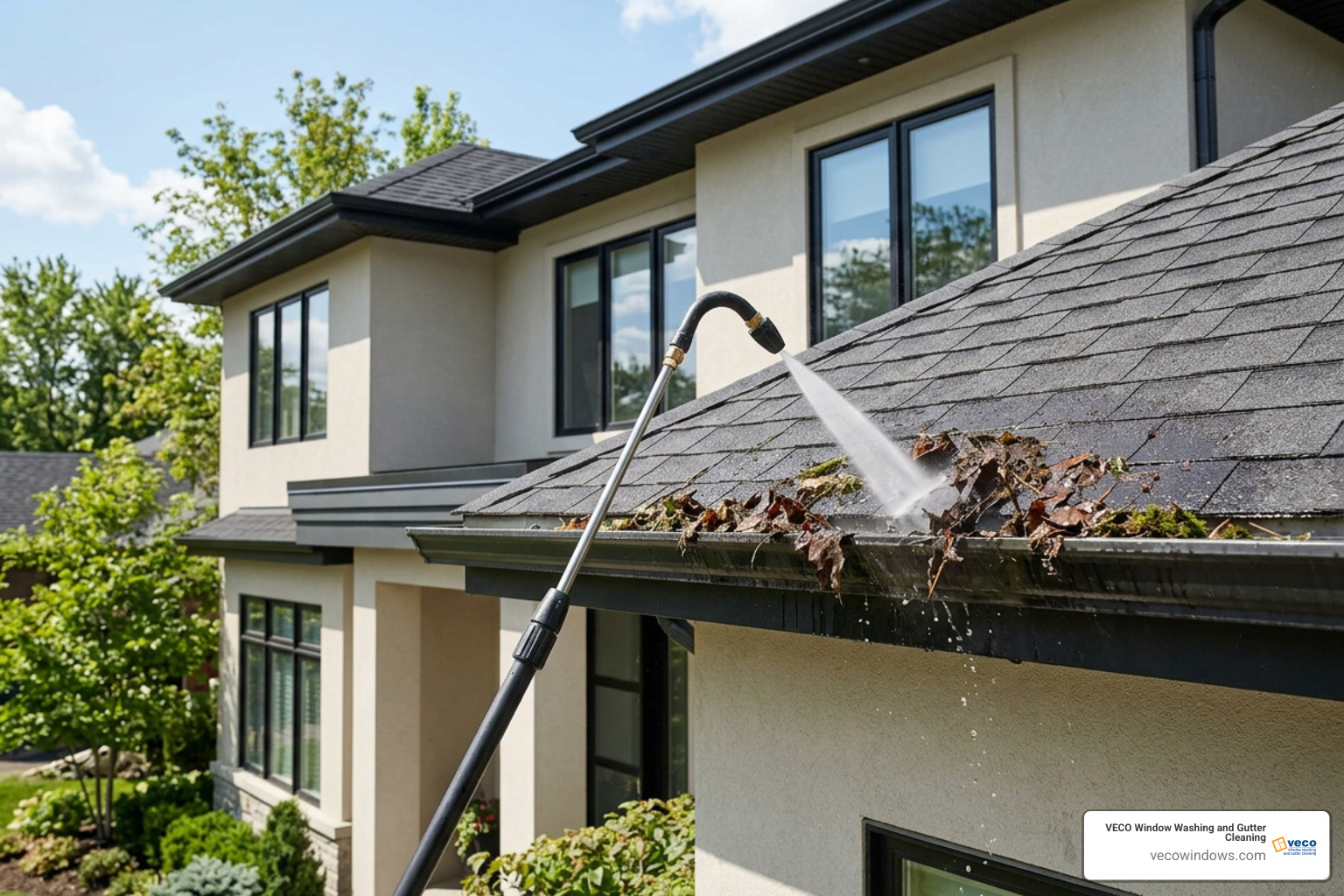 Curved pressure wand clearing wet leaf buildup from high gutters Curved pressure wand clearing wet leaf buildup from high gutters
