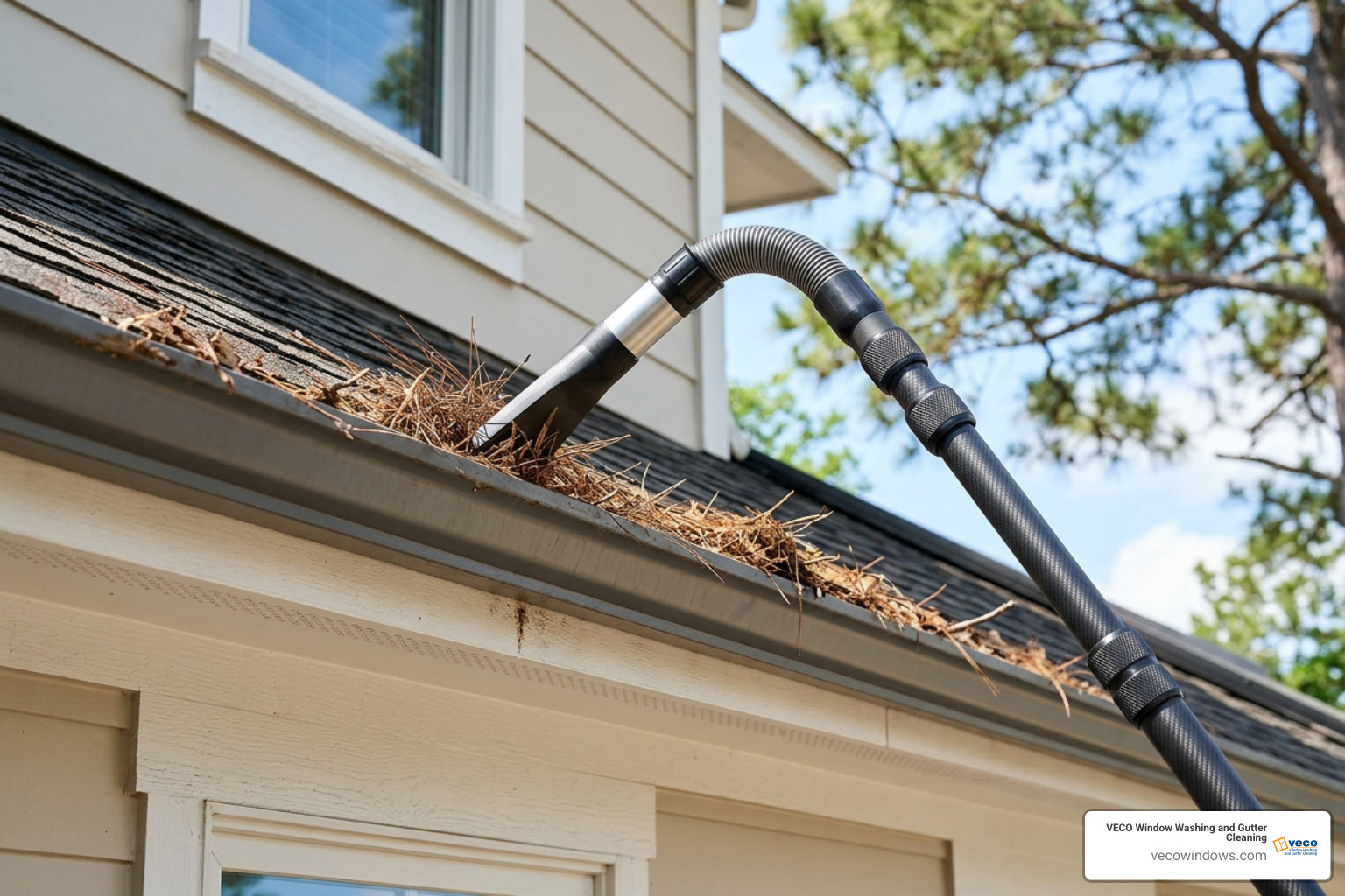 High-reach telescopic vacuum wand clearing pine needles from roofline High-reach telescopic vacuum wand clearing pine needles from roofline