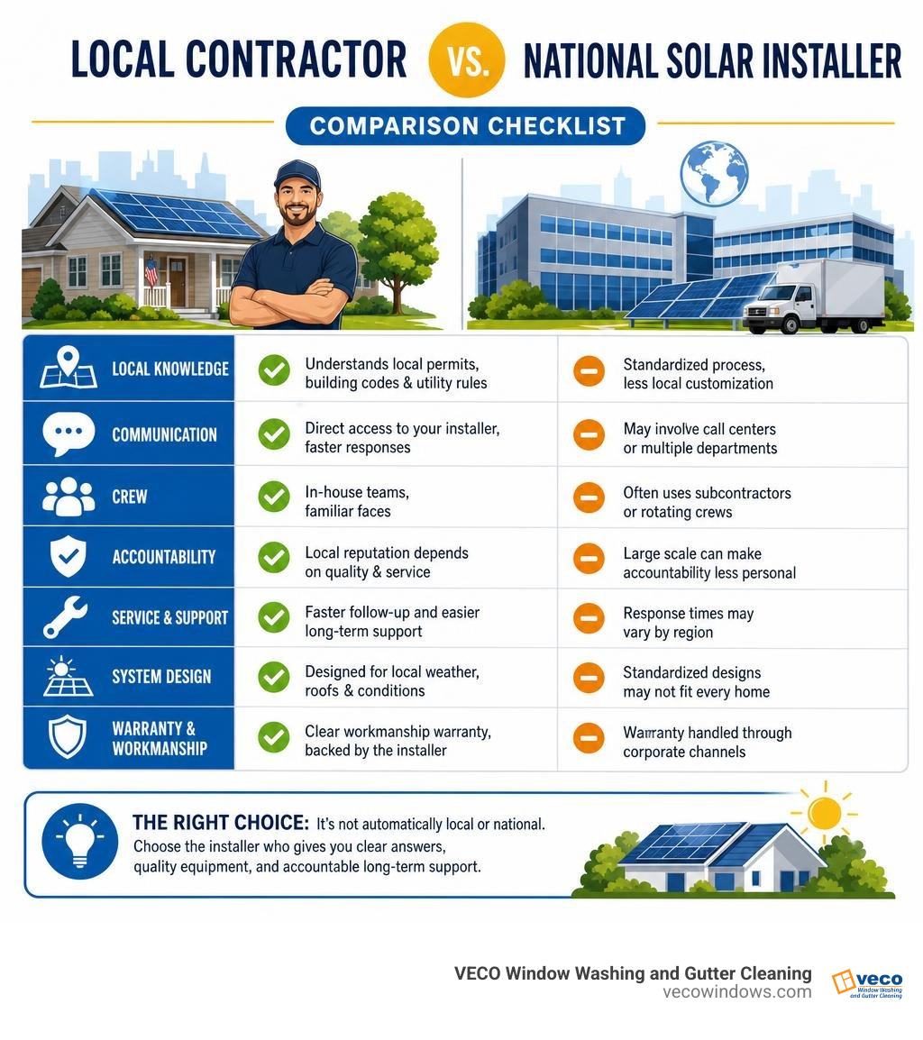 Local contractor versus national solar installer comparison checklist infographic Local contractor versus national solar installer comparison checklist infographic